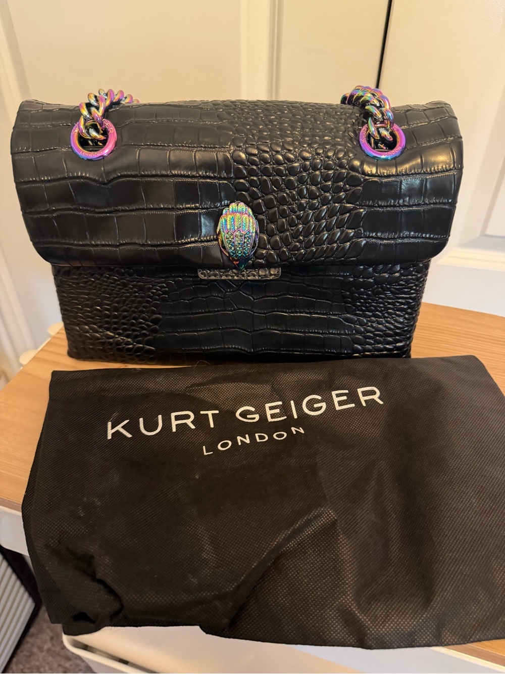 Kurt Geiger Black Croc-Embossed Shoulder Bag with Iridescent Hardware